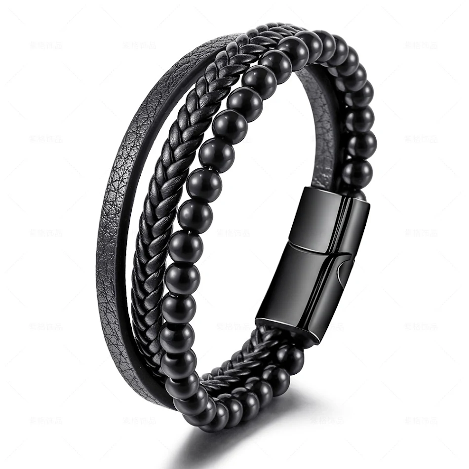Brazalete de acero inoxidable con piedra de ojo de tigre natural y cuentas para hombres