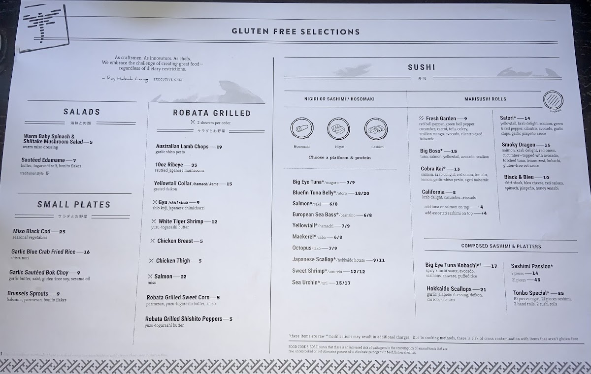 Gluten free menu