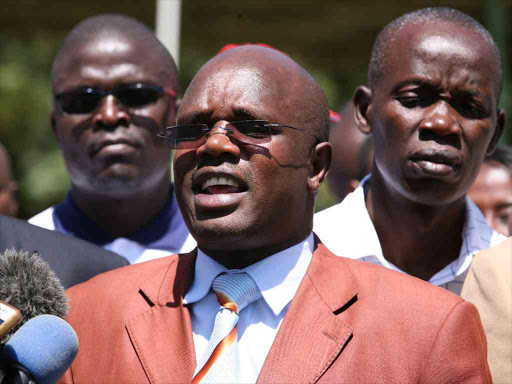 Constantine Wasonga, secretary general of the Universities Academic Staff Union (Uasu), addresses the press in Kisumu, February 20, 2017. /FAITH MATETE