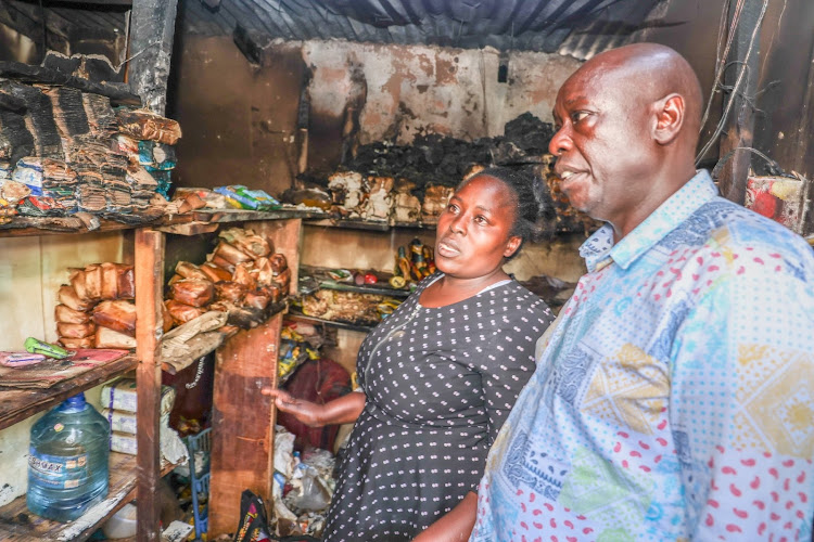 Deputy President Rigathi Gachagua inside a shop that was affected by Thursday night gas explosion in Embakasi, February 2, 2024.