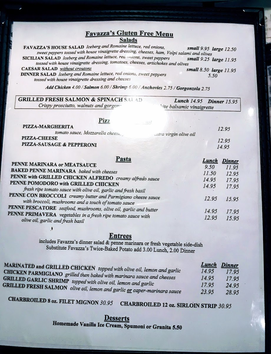 Favazza's gluten-free menu