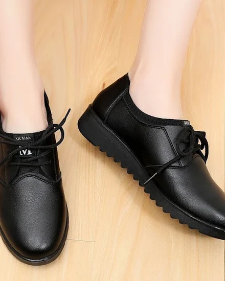 Solid Black Oxford Shoes Woman Work Leather Wedge Flats F... - 0