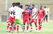 SuperSport United attacker Shandre Campbell celebrate one of his two goals against Richards Bay with team at King Zwelithini Stadium.