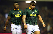 The Springboks captain Siya Kolisi (L) with Malcolm Marx (R) during the Castle Lager Outgoing Tour match between Scotland and South Africa at BT Murrayfield on November 17, 2018 in Edinburgh. 