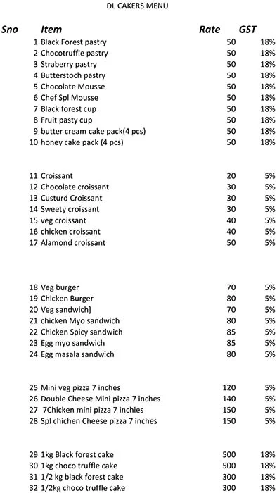 Dl Zuicers & Cakers menu 