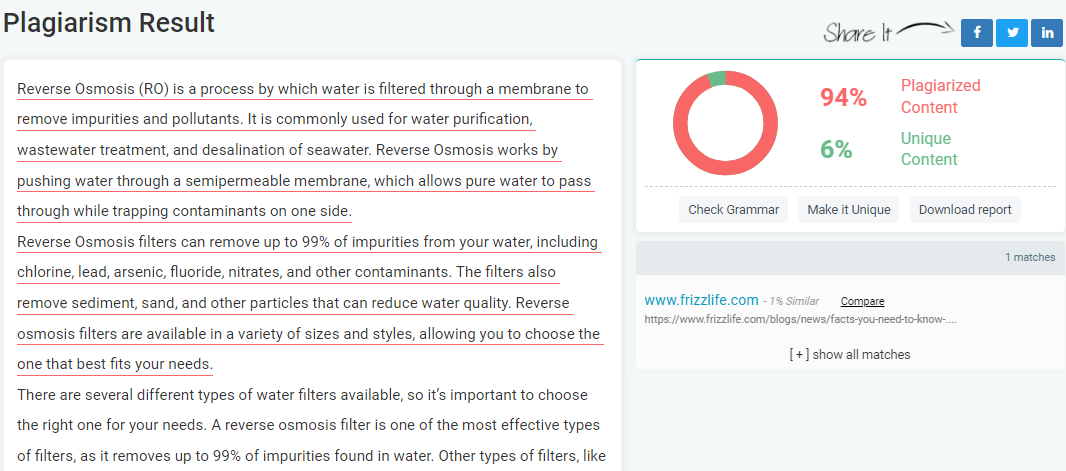 Prepostseo's plagiarism detection and result