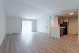 Bright, empty apartment interior with modern kitchen appliances and sliding door to balcony.