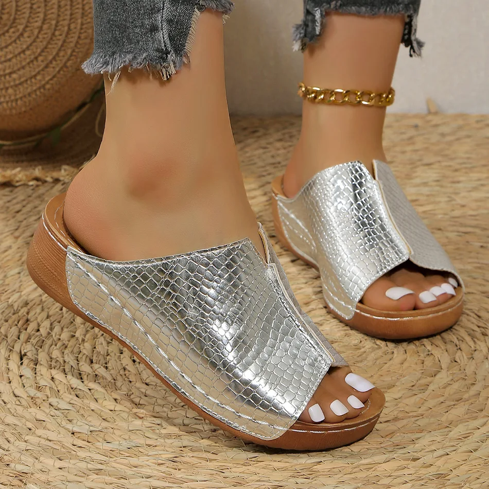 Sandalias de cuña peep toe fáciles de poner, elegantes y simples, perfectas para el verano, cómodas y a la moda.