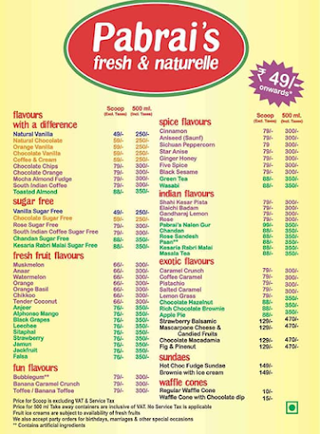 Pabrai's Fresh And Naturelle Ice Creams menu 