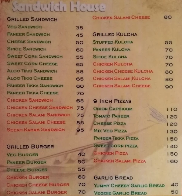 Puja's Sandwich House menu 