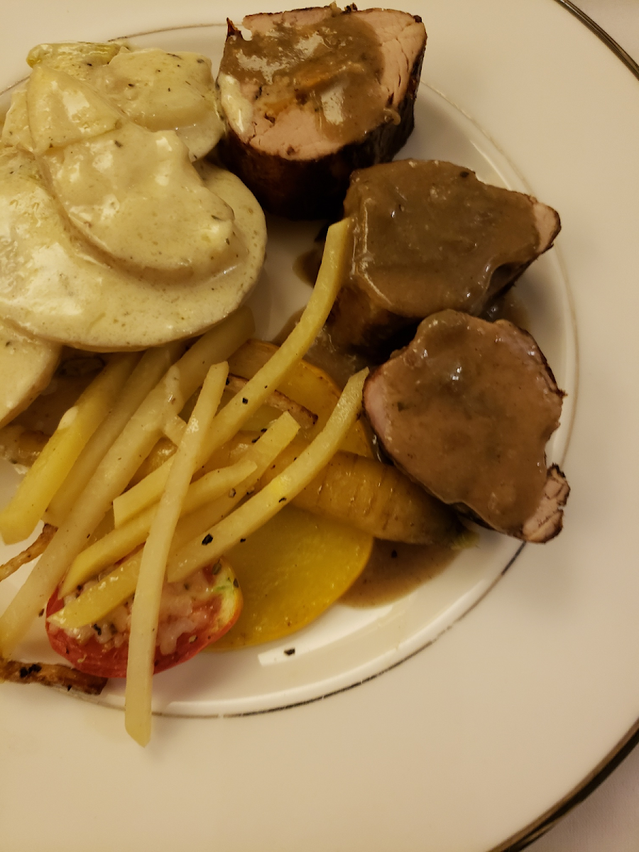 Local pork tenderloin stuffed with cranberries and served with local veggies