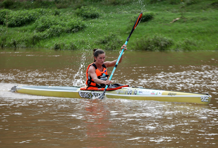 Christie Mackenzie finishes first in the women's race on day one of the Dusi.