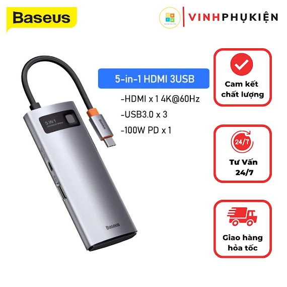 Bộ Chuyển Đổi Hub Baseus 5 In 1 Typec To Hdmi 4K 3 Chân Usb 3.0 Pd 100W Cho Laptop Macbook Chính Hãng Baseus