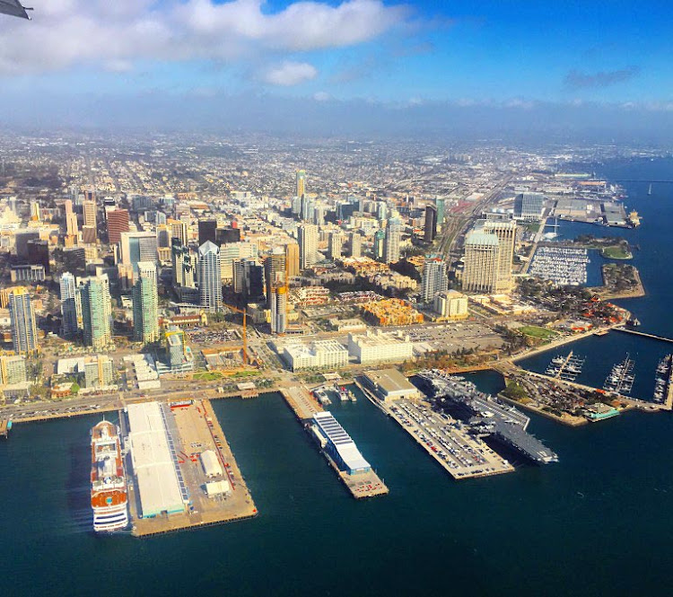 The San Diego skyline as seen from a San Diego Seaplanes floatplane.