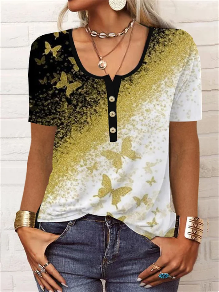 T-shirt d'été ample à manches courtes, motif floral géométrique, col en U et boutons, parfaite pour un look décontracté et estival.