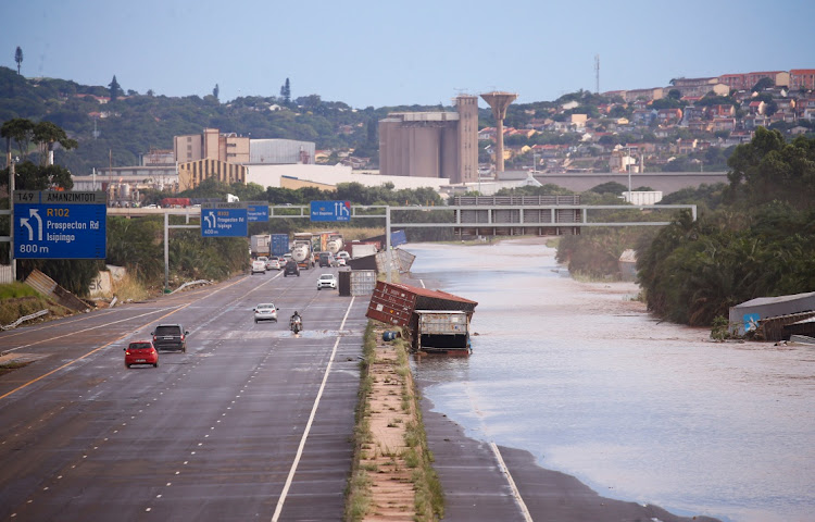 The N2 highway is under water after heavy rains caused flooding, in Durban.
