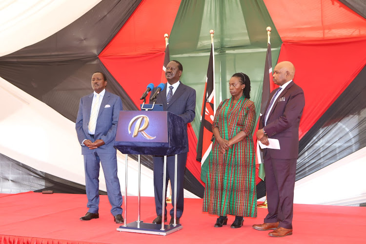 Wiper leader kalonzo Musyoka, Aimio leader Raila Odinga (ODM), Martha Karua (Narc Kenya) and Makau Mutua during a press conference on Thursday, November 24, 2022.