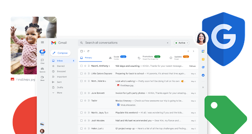 Gmail Inbox-scherm met vergrote functie-iconen die horizontaal zijn gerangschikt