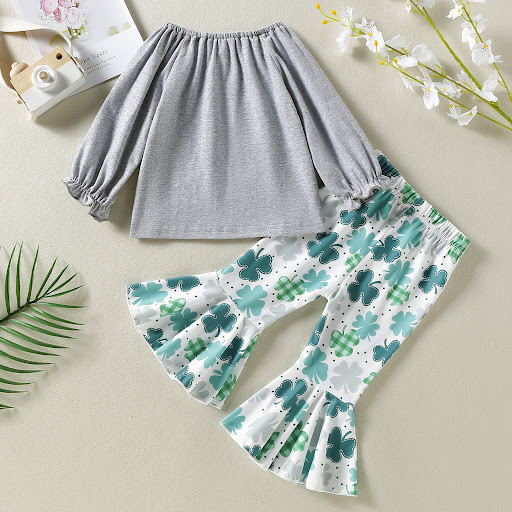 Title 2, Four-Leaf Clover Printed Gray Long Sleeve Top a...