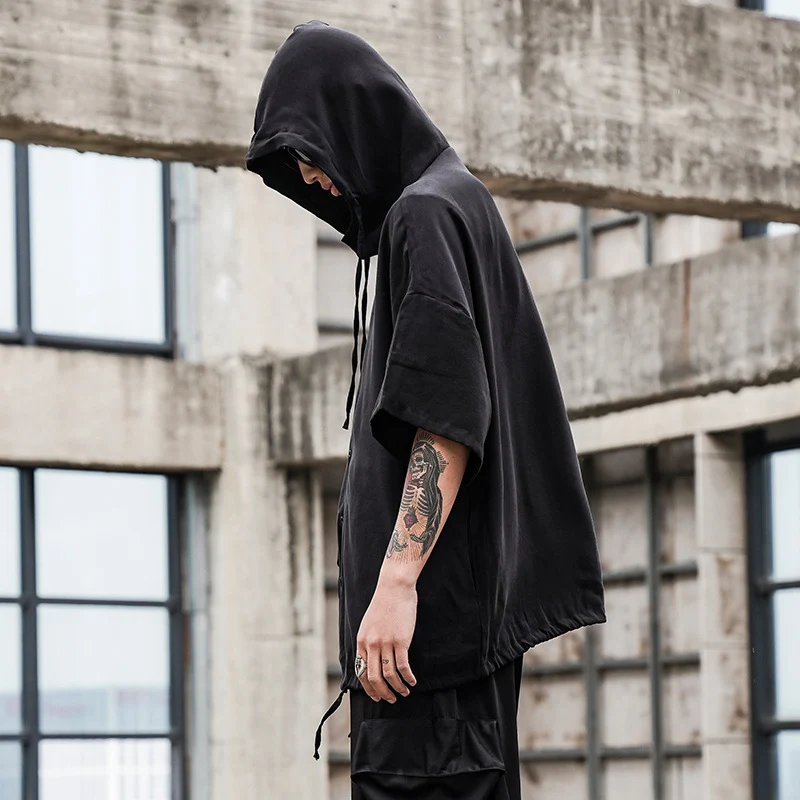 Hooded loose drop shoulder drawstring shirt