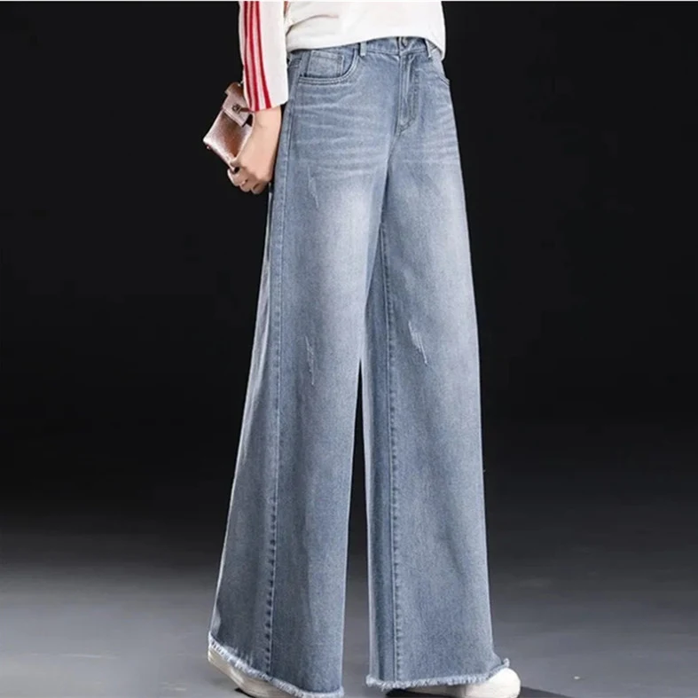 Jeans de mujer de corte ancho con dobladillo sin rematar, holgados y rectos, para un look moderno y cómodo, perfectos para cualquier ocasión.