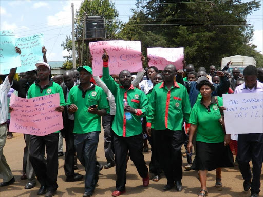 Nandi KNUT members demonstrate during the teachers strike between September and December last year. TSC has said relief teachers hired to alleviate the strike will be paid end January. Photo/Barry Salil