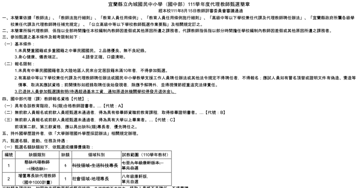 宜蘭內城國中急徵社會代理教師一名