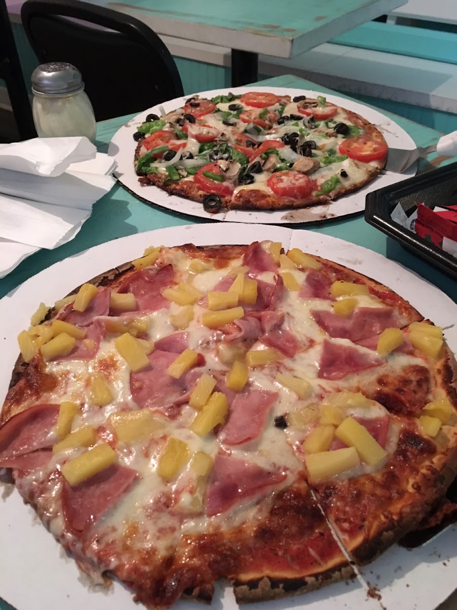 GF Veggie and GF Canadian Bacon and Pineapple Pizzas