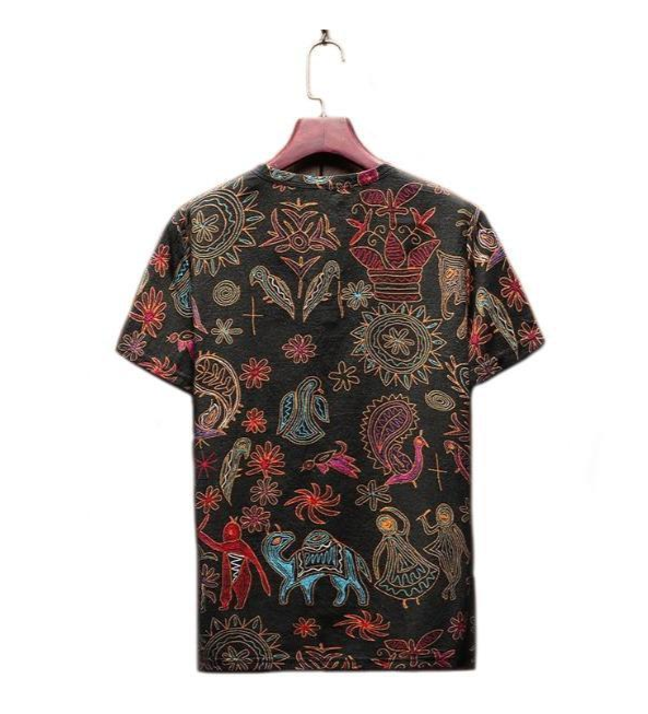 Chinese Style Ethnic Flower Size Large Round Neck Short Sleeve