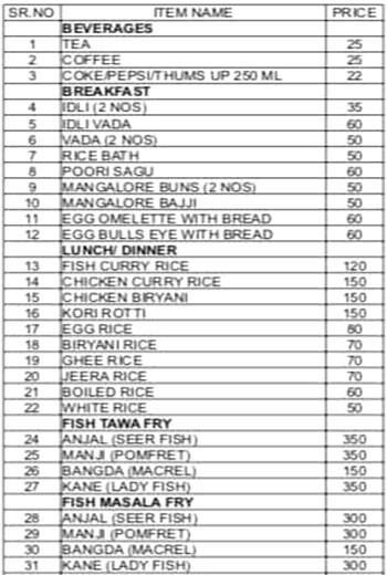 Mangaluru Kairuchi menu 