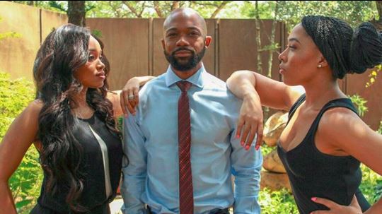 Fezile Makhanya (middle) plays Tebogo in The Queen, boyfriend to Kea (played by Dineo Moeketsi) and ex to Buhle (played by Simz Ngema) .