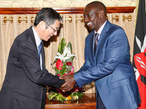 DP WIlliam Ruto chats with Japanese outgoing amb. to Kenya Tatsushi Terada who paid him a courtesy call at his Harambee house annex office in Nairobi yesterday.Photo\Charles Kimani\DPPS