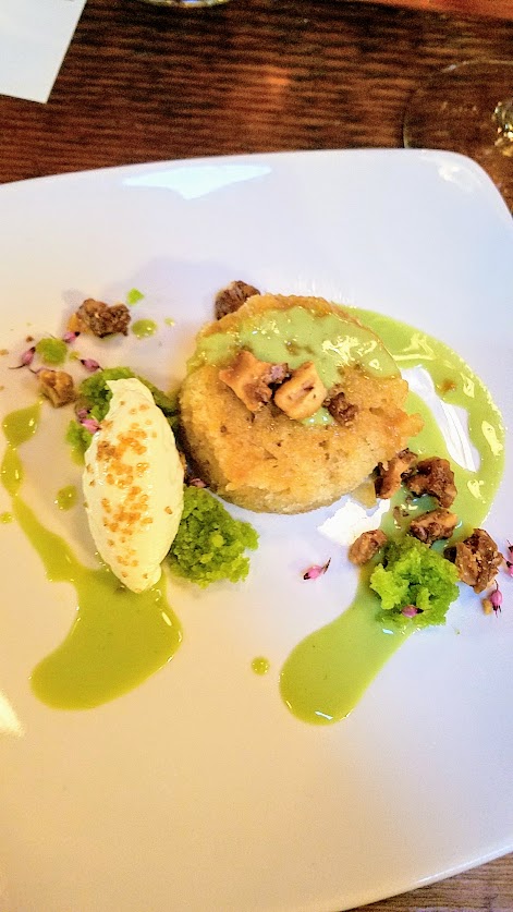 Fimbul Icelandic Dinner Spring 2018, Parsnip and lovage cake, lovage crème anglaise with whipped sheep cheese, walnuts