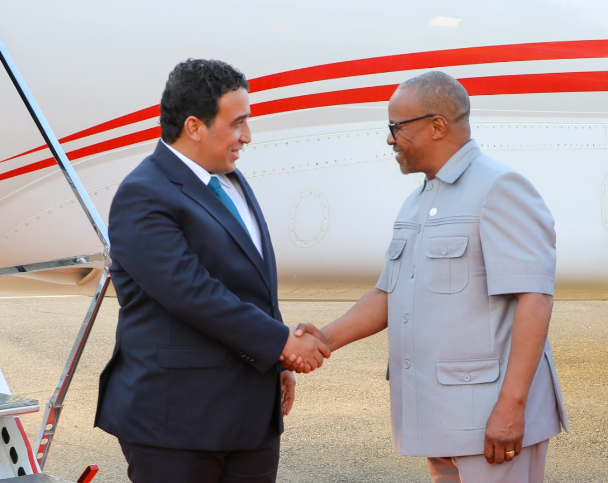 Housing and Urban Development CS Zachariah Njeru and the Head of the Libyan Presidential Council Mohamed al-Menfi at JKIA on July 15, 2023