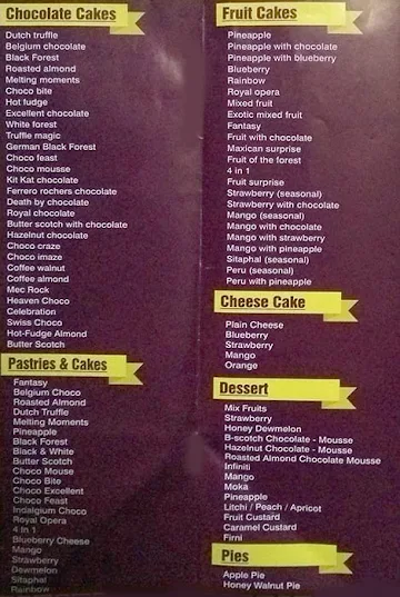 Cakers And Cakers menu 