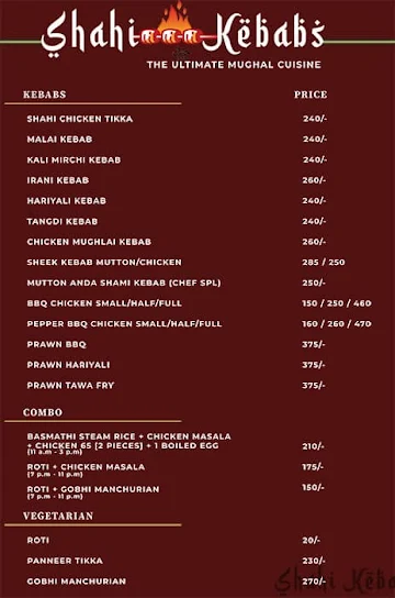 Shahi Kebabs menu 