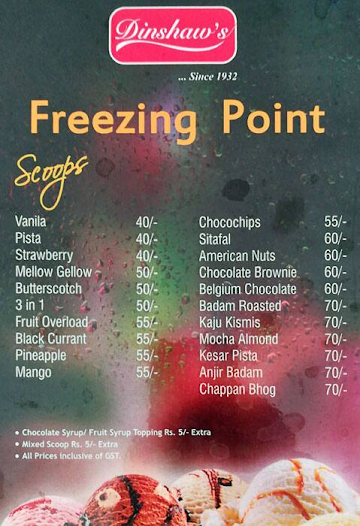 Cafe Freezing Point menu 