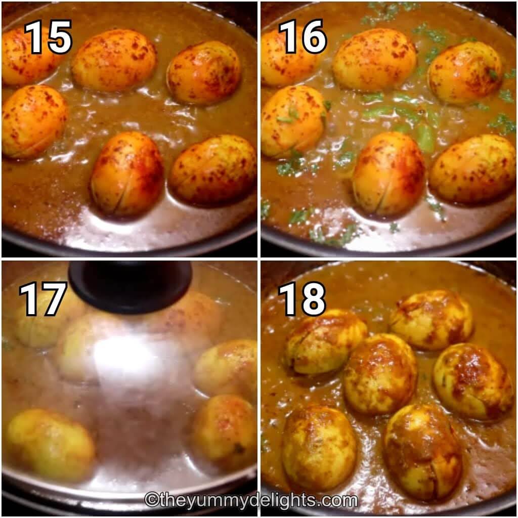 step by step image of cooking the masala eggs in the curry.