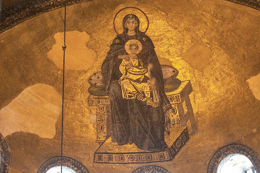 Virgin-Mary-&-Christ-child-on-ceiling-of-Hagia-Sophia.jpg - The Virgin and Child mosaic is located on the half dome of the apse inside Hagia Sophia in Istanbul. It dates from 867 A.D. 