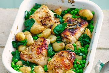 Honey & mustard chicken thighs with spring veg