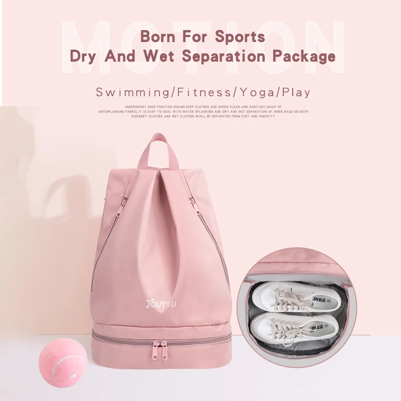 Bolsa de natação feminina com separação à prova d'água para molhado e seco, ideal para guardar roupas e pertences na piscina ou praia.