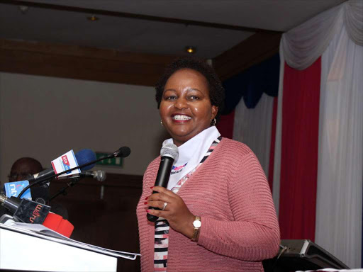 Kirinyaga governor Ann Waiguru speaking during the embrace women leaders movement event yesterday/Ezekiel Aminga