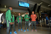 Amajita coach Thabo Senong with players during the South African U/20 Men's national team departure from OR Tambo International Airport on February 24, 2017 in Johannesburg, South Africa.