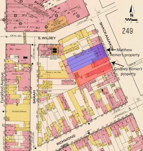 The properties owned by Godfrey and Matthew Remer overlaid on a 1916 Sanborn fire insurance map.