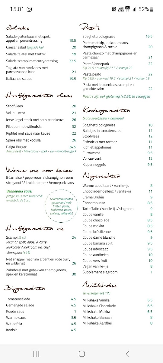 Vennepark gluten-free menu