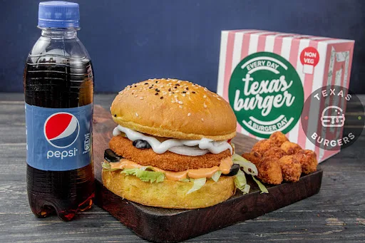 Chicken Burger With Chicken Popcorn [8 Pieces] And Soft Beverage