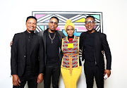 Kwela Tebza members Mpho Lerole, Tshepo Lerole, and Tebogo Lerole with Unathi Nkayi during the official launch of the inaugural Cultural and Creative Industry Awards (CCIAs).