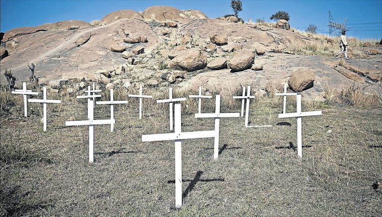 Crosses mark the koppie at Marikana, North West, where 34 miners were killed in August 2012.