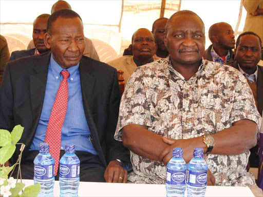 Interior Cabinet Secretary Joseph Nkaissery(left) with Nairobi Speaker Alex ole Magelo(right) during a fundraiser in aid of Presbyterian Outreach Mission Church in Limanet area, Narok County on Sunday. PHOTO/KIPLANG’AT KIRUI.