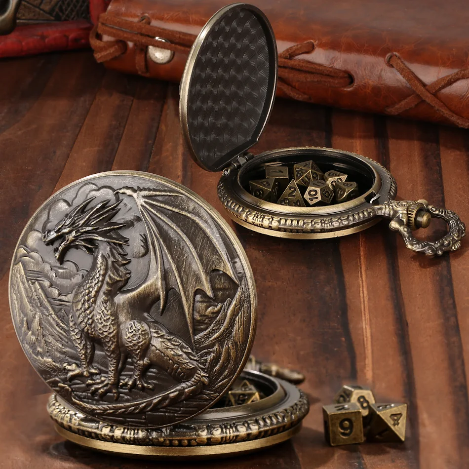7-Piece Polyhedral Dice Set Metal RPG Accessories Featuring 3D Carved Pterosaur Pocket Watch Dragon and Dungeon. Gaming 